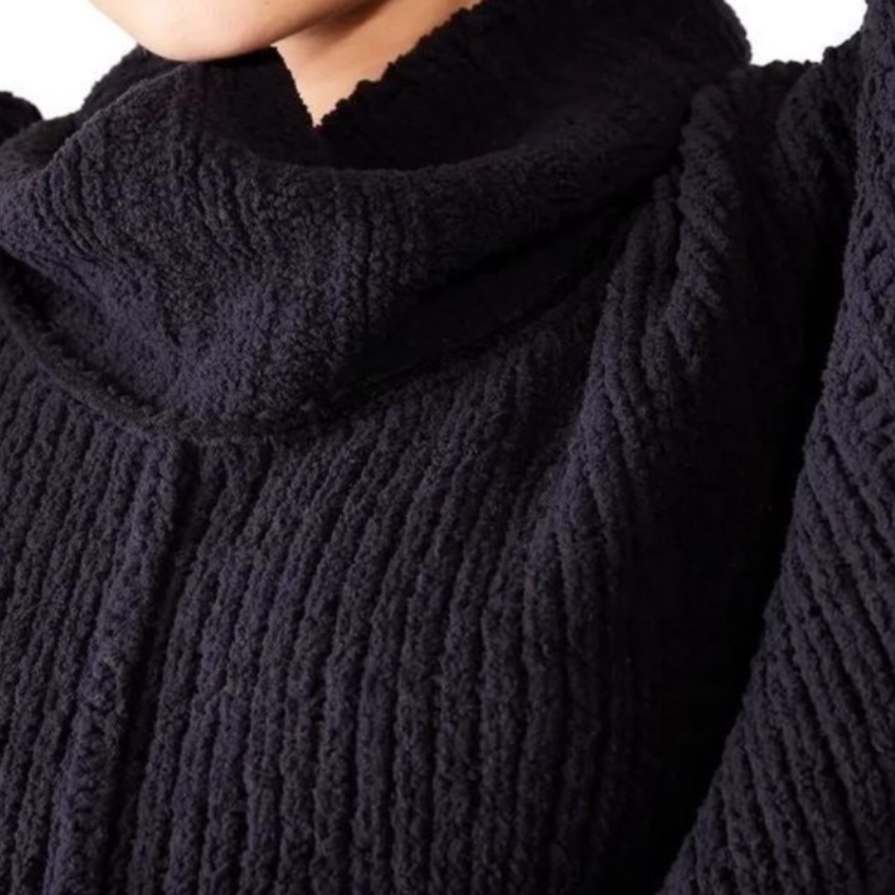 Free People Be Yours Cowl Neck Boxy Cropped Fit Chunky Knit Sweater Black NWT - Picture 12 of 12